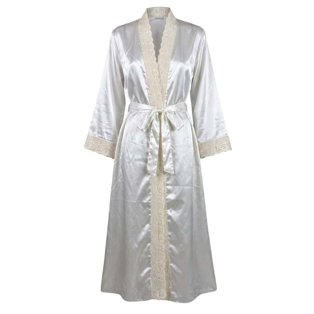 Danielle Collection Robe Floral Lace Trim Satin Belted Long Ivory M